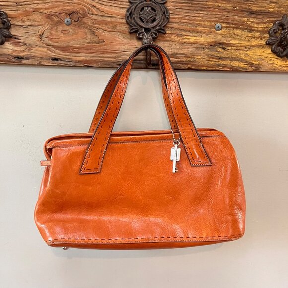 Fossil Brown Leather Handbag With Key Charm & Stitched Handles‎ - Picture 1 of 10